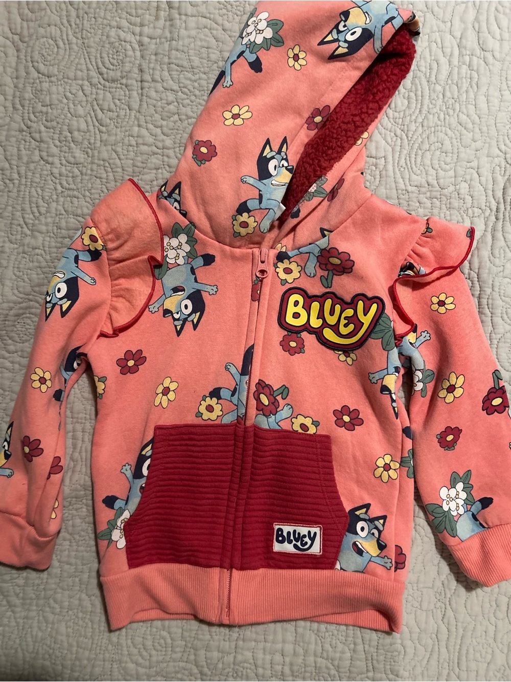 Bluey Girls Floral Ruffle Zip Up Hoodie Jacket Pink Size 4T Sherpa Lined